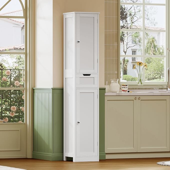 Iwell Tall Bathroom Cabinet, Slim Narrow Bathroom Storage Cabinet with Adjustable Shelves, Storage Cabinets with 1 Drawer, for Bathroom, Living Room, Entryway, Kitchen, White - Image 4