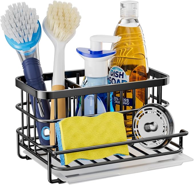 HapiRm Kitchen Sink Organizer, SUS304 Stainless Steel Rustproof Multifunctional Sink Caddy with Sponge Holder and Drain Tray for Kitchen Countertop (Black) by HapiRm