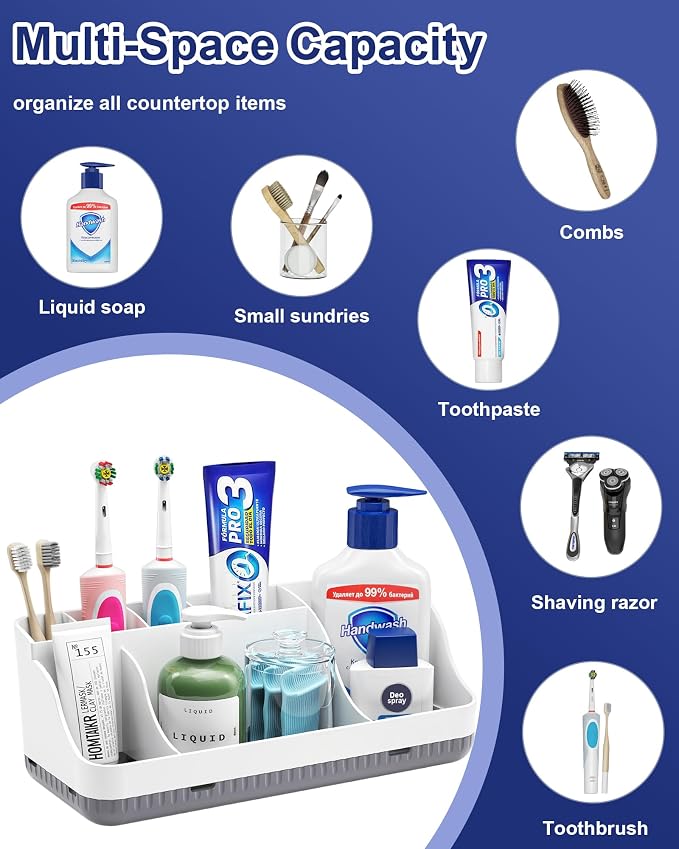 Bathroom Counter Organizer and Storage with 2 Pack Qtip Holder Dispenser, 7 Slots Detachable Toothbrush Holders for Bathrooms, Anti-Slip Electric Toothbrush and Toothpaste Holder Countertop - Image 7