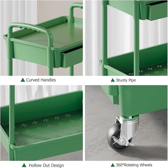 4 Tier Rolling Utility Cart with Drawer, Plastic Storage Organizer Rolling Carts with Wheels Handles Hanging Cups Hooks for Office, Bathroom, Kitchen,Craft Art Room (Green) - Image 5