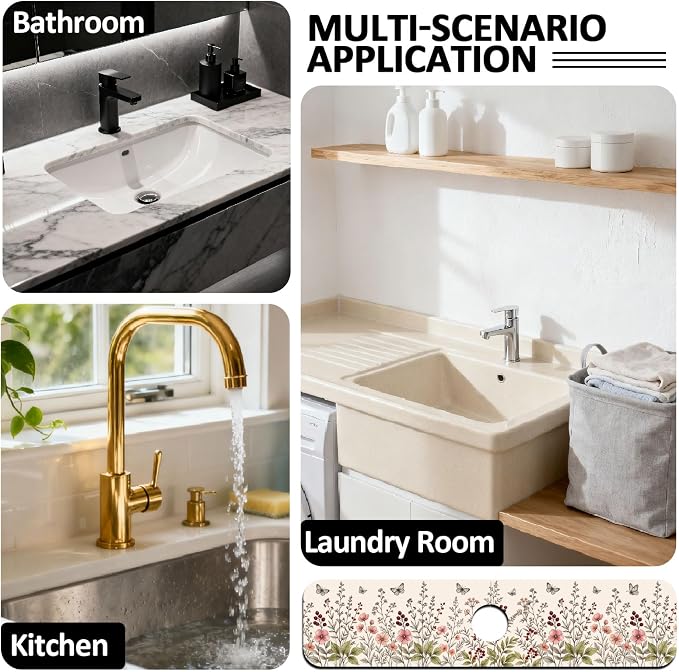 2 Pcs Retro Wildflower Bush Kitchen Sink Splash Guard Faucet Mat | Butterflies Pattern Faucet Mat for Sinks Flower Absorbing Drying Mat for Kitchen Bathroom, 23.6x5.5inch - Image 7