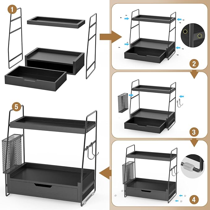 2-Tier Bathroom Counter Organizer with Drawer, Wood Counter Storage Shelf | Bathroom Vanity Organizer Countertop for Makeup, Skincare, Perfume, with Removable Basket, 13.4" x 7.9" x 14.5", Black - Image 5