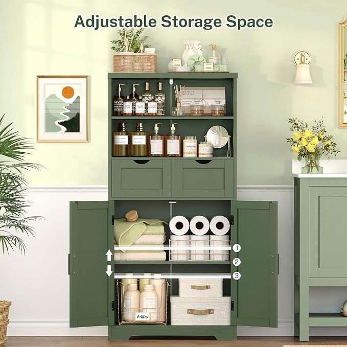 Bathroom Cabinet with Adjustable Shelf & 2 Drawers, Farmhouse Storage Cabinet with 2 Doors, Kitchen Storage Cabinets for Living Room, Entryway, Home Office, Forest Green - Image 4