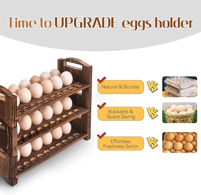 Wooden Egg Holder 2 Layer Rack Holders Countertop Stackable Quail Egg Sorter Storage Trays Organizer Display Stand Kitchen Rack Fits Duck, Turkey, Chicken Eggs,up to 36 Eggs, 2 Tier-Brown - Image 4