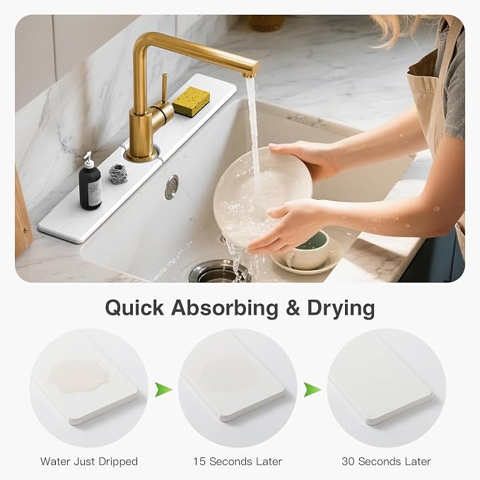 Premium Stone Faucet Mat for Kitchen Sink, 23.6" x 4" White | Quick Drying & Water Absorbent, Sink Splash Guard Tray for Prevents Moisture Buildup - Image 3