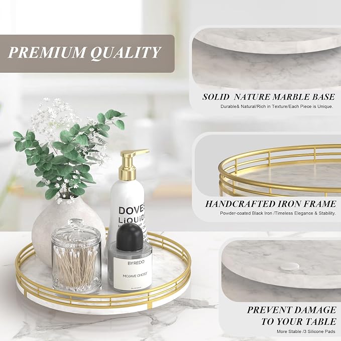 AMH 10-Inch White Marble Lazy Susan with Gold Frame | Smooth rotating oak tray with walnut finish for dining tables, kitchen counters, pantries and cabinet storage. - Image 5