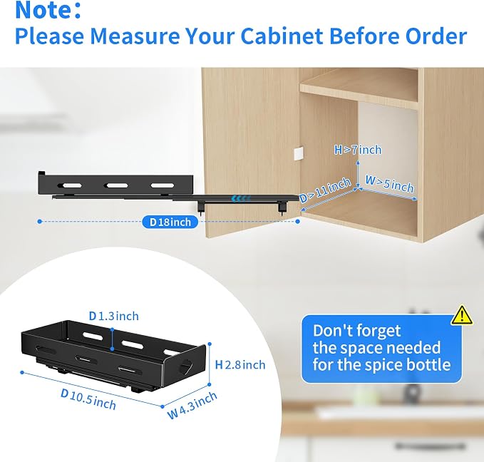 BOIVSHI 1 Tier Pull Out Spice Rack, 4.2" Wx10.5 Dx2.8 H | Narrow Spice Rack for Small Cabinet Spaces, Easy to Assemble Seasoning Rack for Cabinet, Kitchen, Pantry, Black - Image 6