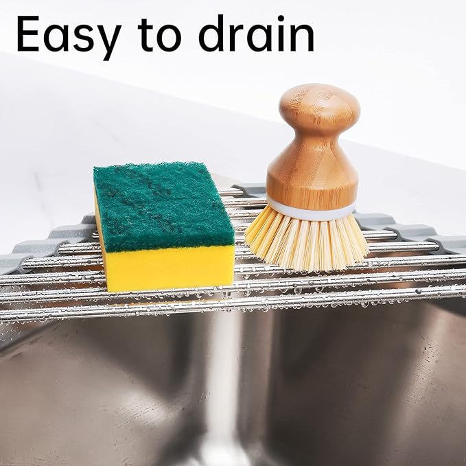 Tomorotec Triangle Roll-Up Dish Drying Rack for Sink Corner Small Foldable Stainless Steel Over The Sink Multipurpose Kitchen Drainer Caddy Organizer Storage Space Saver Shelf Holder (Gray) | BPA-Free Food-Grade Silicone Edges Foldable Waterproof Rustp... - Image 3