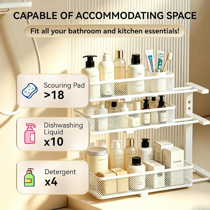 2 Pack 3 Tier Under Sink Organizer with Pull Out Drawer, Height Adjustable Heavy Duty Metal Under Cabinet Organizer, Smooth Sliding Storage Shelf for Kitchen, Bathroom Cabinet Organization, White - Image 4