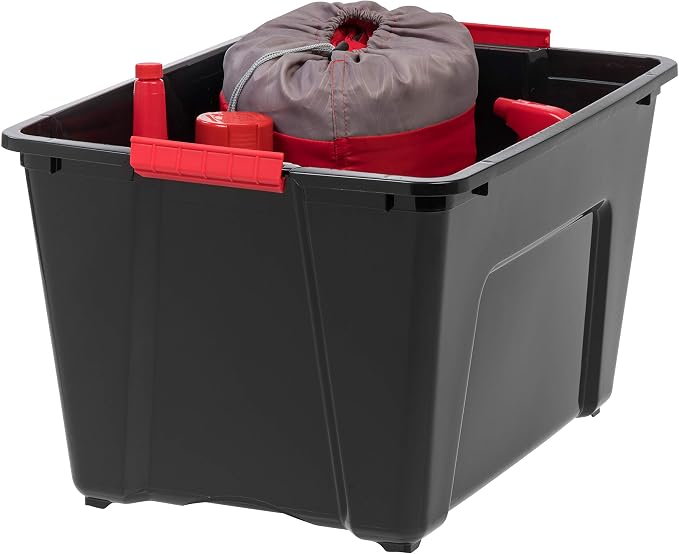 IRIS USA 4-Pack 54 Quart Storage Bins with Lids, Black | Black finish conceals stored items. Perfect for moving, blankets, clothing, and garage storage. Nestable design saves space - Image 6