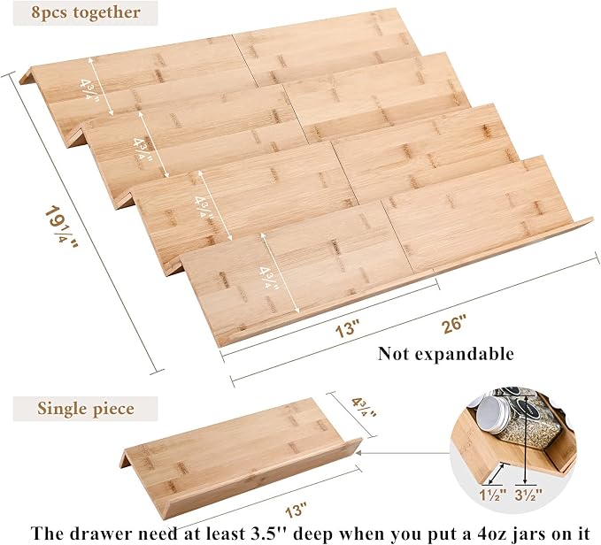 Bamboo Spice Rack Tray - Spice Drawer Organizer for Kitchen Cabinets Storage and Organization (Jars Not Included, 8 Individual Pieces, Not Adjustable) - Image 2