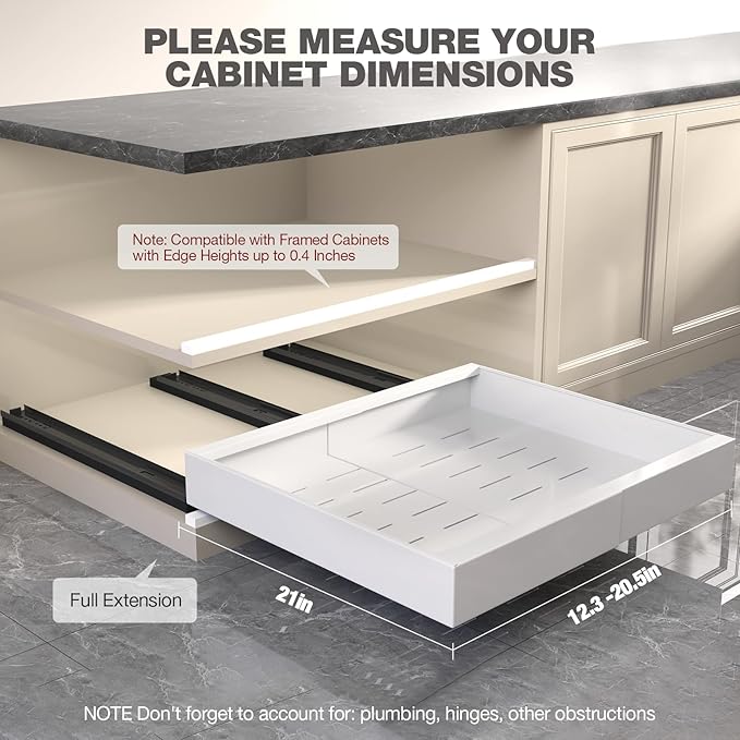 Seinloes 1 Pack Pull Out Cabinet Organizer 21" Deep,Full Extension 3 Slide Rails Slide Out Drawers With Raising Pad for Framed Cabinets,Expandable Width (12.3"-20.5"),No Drill Roll Out Shelves,White - Image 6