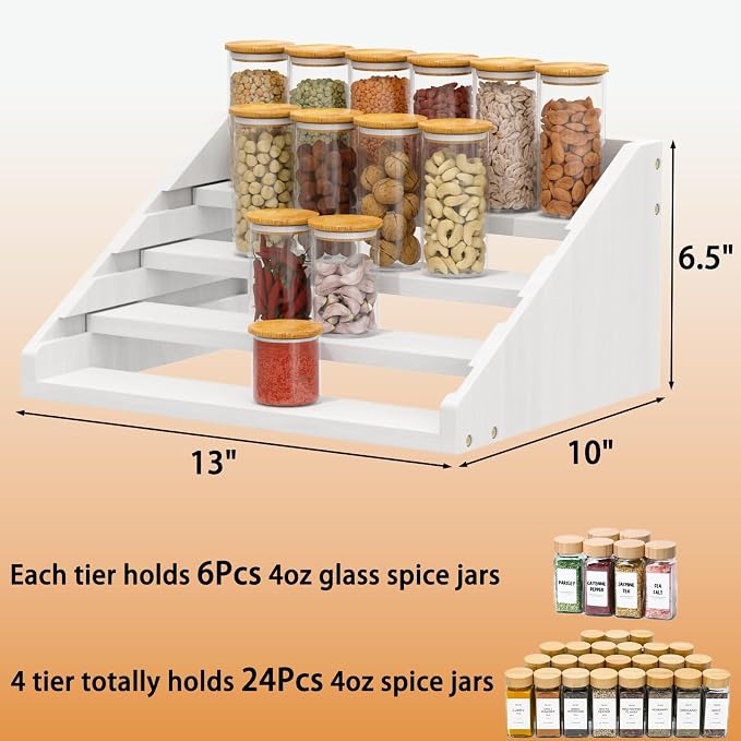 Solid Wood Spice Rack Organizer for Countertop & Cabinet, 4 Tier Adjustable Wooden Spice Shelf with Sliding Track, Premium Step Seasoning Bottle Holder for Kitchen, Cupboard, Pantry & Office, White - Image 7