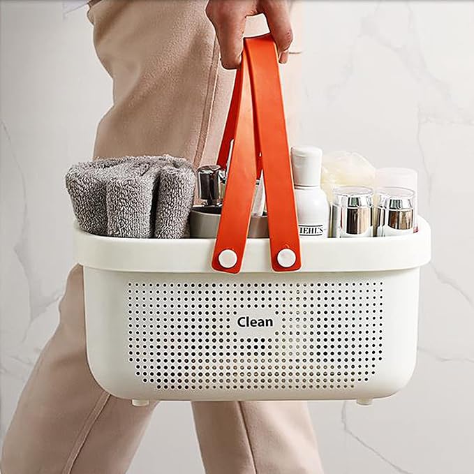 JiatuA Plastic Storage Basket with Handle Portable Shower Caddy Tote Organizer Basket Bin for Bathroom Kitchen Dorm Room Bedroom, Pink | Sturdy Drainage Large Capacity Organizer Basket with Silicone Handles for Bathroom Kitchen Bedroom College Dorm Ess... - Image 4