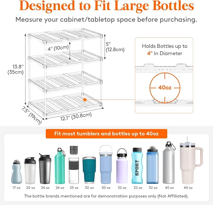 Lifewit Stackable Bottle Storage Organizer, Clear Freestanding Wine Holder for Cabinet, Large Slot Water Bottle Tumbler Cup Organizer for Pantry, Plastic Wine Rack for Fridge Cellar, 4Tier Hold 12 - Image 2
