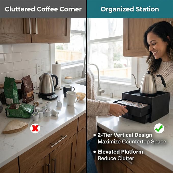 Coffee Brewer Organizer for Intasting Electric Kettle,Two-tier design | with elevated kettle platform and pull-out storage drawer,Elevated Pour Over Coffee Maker Holder for Beans,Tea & Accessories - Image 3