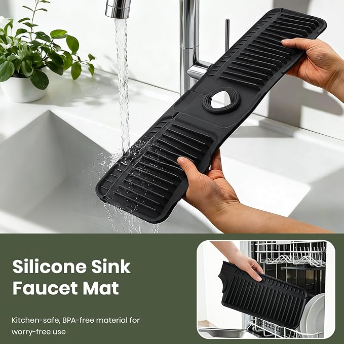 24 Inch Faucet Mat for Kitchen Sink, Silicone Splash Guard for Kitchen Sink Area, 7° Slope Fast Self-Draining Sink Mat, Cuttable Hole Design, Sink Backsplash Guard Draining Mat, Black - Image 6