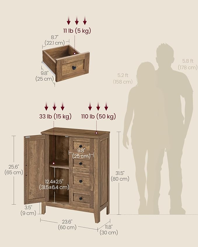 VASAGLE LIRY Collection - Storage Cabinet, Farmhouse Bathroom Floor Cabinet with 4 Drawers, Freestanding Storage Organizer, Barn Door, Adjustable Shelf, Honey Brown, UBBK753K01 - Image 3