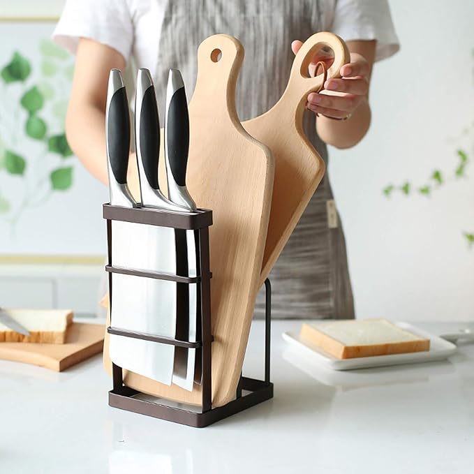 VANRA Metal Steel Cutting Board Holder Knife Block Kitchen Organizer Pantry Bakeware Rack Pan Pot Cover Lid Rack Stand (Bronze) - Image 2