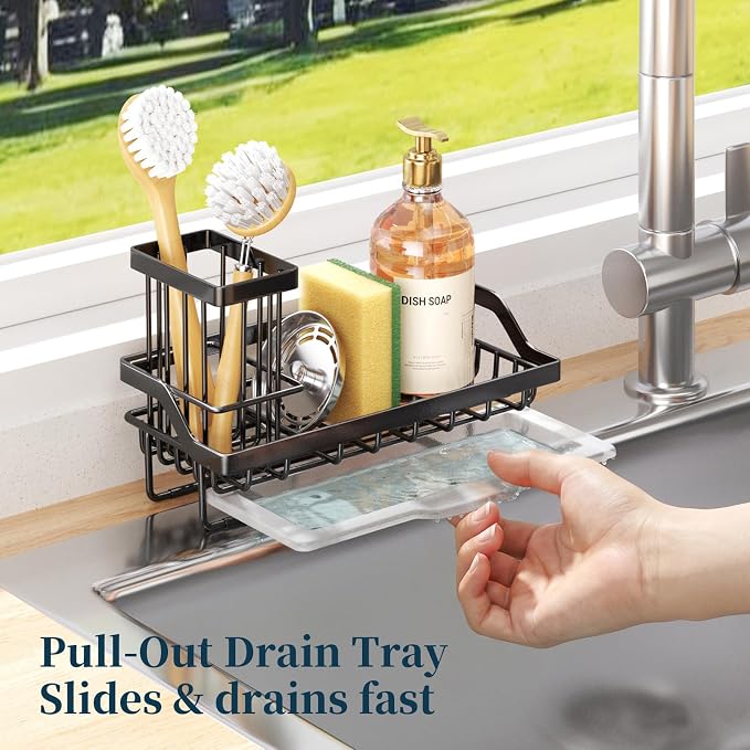 Consumest Sponge Holder for Kitchen Sink - Kitchen Sink Caddy Organizer with Removable Drip Tray for Countertop Dish Soap Dispenser Brush Storage Accessories 304 Stainless Steel - Black - Image 5