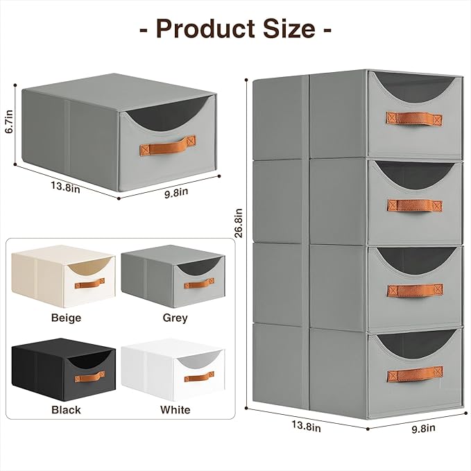 Stackable Storage Drawers - Collapsible Storage Bins with Drawers, 6 Pack Closet Shelf Organizer Basket, Fabric Pull Out Organizer for Bedroom, Living Room, Dorm, Grey - Image 3