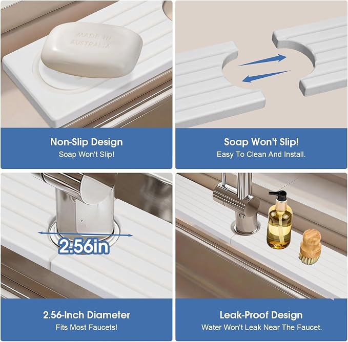 Drying Stone Faucet Mat for Kitchen Sink, 23.9 Inch Long Kitchen Sink Splash Guard Behind Faucet, Stone Drying Tray, Ultra Fast Absorbing Mat Diatomaceous Earth, Pure white - Image 6