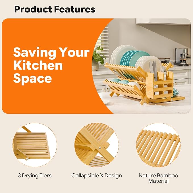 Simple Trending Bamboo Dish Drying Rack, 3 Tier with Utensil Holder | Collapsible Dish Rack, Large Foldable Dish Drainer for Plates, Cups, Bottles, Utensils, Kitchen Counter, Space Saving - Image 5