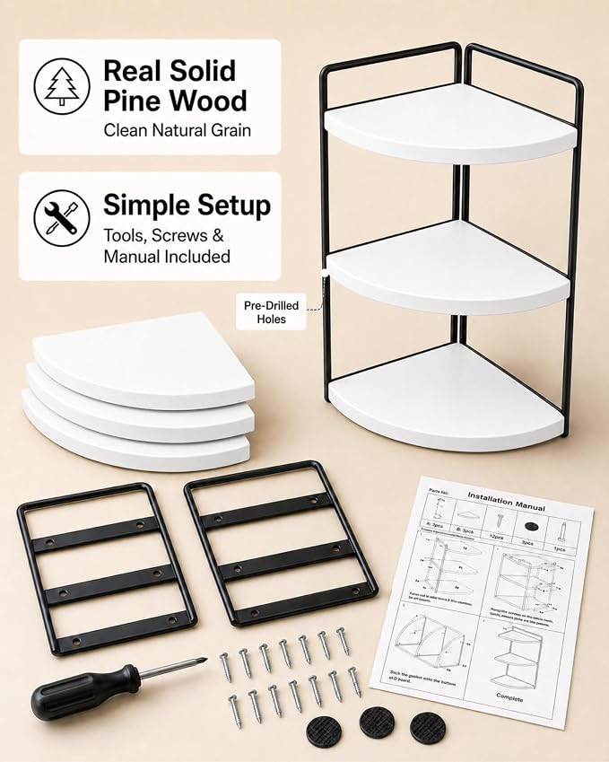 3-Tier Corner Bathroom Counter Organizer, Solid Pine Vanity Shelf, White | Solid pine 3-tier corner shelf with 6.3 in clearance for tall bottles in bathroom, vanity, kitchen, or coffee bar. - Image 7