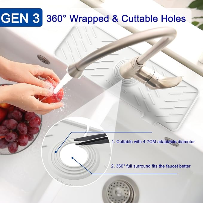 Silicone Faucet Mat for Kitchen Sink – Gen 3 10° Slope Splash Guard with Cuttable Hole – 14” x 5.5” Drip Catcher & Sponge Holder for Kitchen, Bathroom (Gray) - Image 4