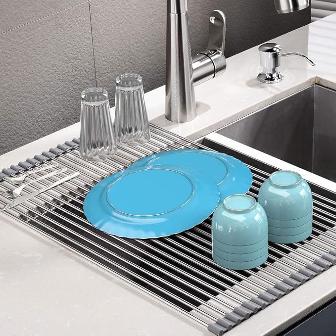 SunCleanse Roll-Up Dish Rack 17.8" x 15" Grey Over Sink Drainer Foldable | Multi-use stainless steel, foldable, for countertop, space-saving, easy to clean and non-slip by SunCleanse
