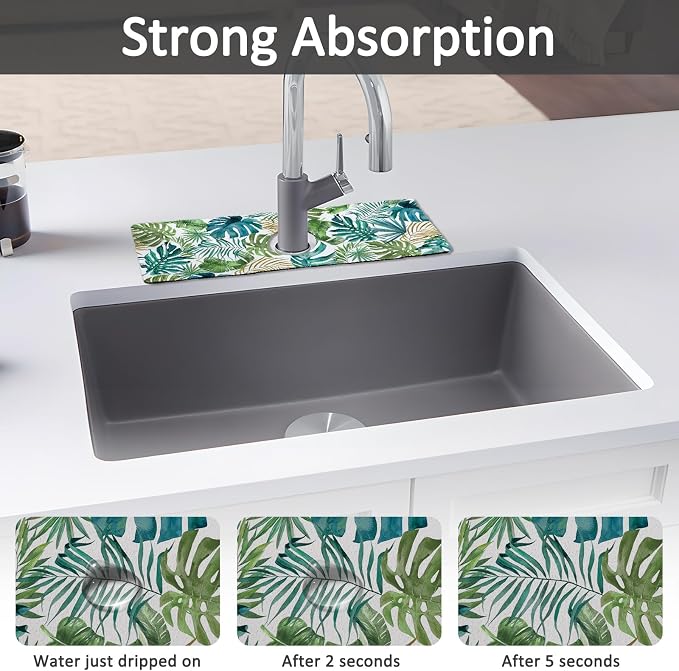 15" X 5.5" Kitchen Sink Splash Guard Faucet Mat Leaf Super Absorbent Fast Drying Faucet Guard & Draining Mat Sink Splash Guard Behind Faucet for Kitchen, Bathroom - Image 3