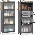 GIANTEX 5-Tier Kitchen Storage Cabinet, 4 PC Doors, Rolling Wheels, Grey | Mobile Metal Pantry Cabinet with 4 Hooks & Adjustable Feet, 60" Baker's Rack Microwave Stand for Dining & Living Room by Giantex