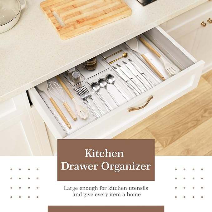 11 PCS Clear Plastic Drawer Organizer Set - 5 Large Size Versatile Kitchen and Bathroom Organizer Trays, Non-Slip Storage Bins for Makeup, Utensils, Tool and Office Desk - Image 3