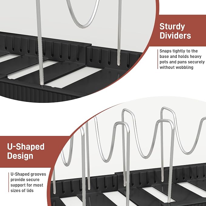Expandable Pan Organizers Inside Cabinet with 12 Dividers Black | Extends 12.9-21.9", Holds cookie sheets, cutting boards, pot lids and pans, iron dividers, plastic base, under cabinet rack - Image 6