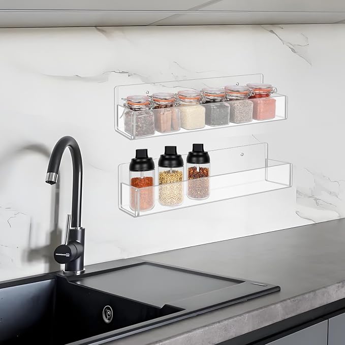 Acrylic Spice Rack Wall Mount-12 Inch, Clear Spice Shelf Storage Holder, 2 Pack Hanging Seasoning Rack Organizer for Cabinet Door, Cupboard or Wall Kitchen (Adhesive or Screw) - Image 4