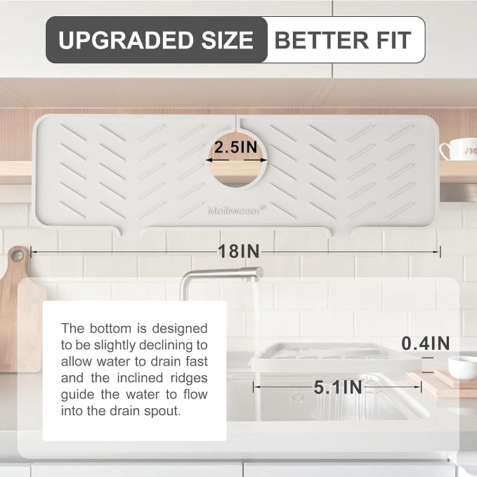 Silicone Faucet Mat for Kitchen Sink – Gen 2 Splash Guard with Upgraded Outlet & Slope – 18” x 5.1” Water Catcher & Sink Sponge Holder for Kitchen and Bathroom (Beige) - Image 2