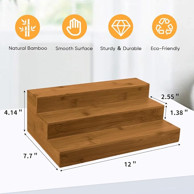 Bamboo Spice Rack Organizer for Cabinet 2 Pack - 3 Tier Countertop Step Shelf, Seasoning Storage Stand for Kitchen Pantry, Spice Holder for Jars Bottles Cans (Brown) - Image 3