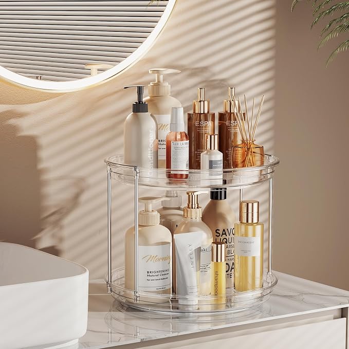 LAMU 3 Pack 2 Tier Lazy Susan Turntable Organizer 9.25'' Rotating Spice Rack Organization for Cabinet, Kitchen, Pantry, Countertop, Bathroom, Vanity, Medicine Cabinet Organizer, Clear - Image 5