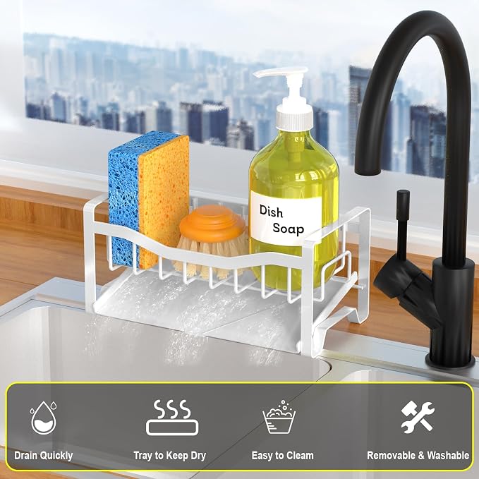 Stainless Steel Kitchen Sink Caddy Organizer with Auto Drain Tray, Sponge Holder for Countertop Storage (White) - Image 3