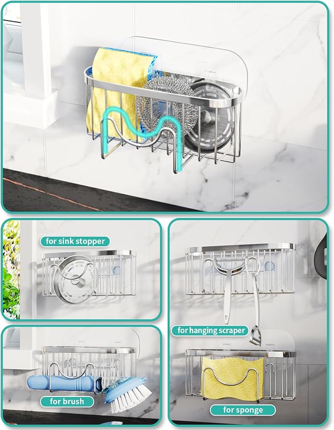 HapiRm Kitchen Sponge Holder for Sink - 2 Installation Methods Kitchen Sink Caddy Organizer with Unique M-Shaped, Rustproof Stainless Steel Sponge Caddy - Silver (Large) - Image 2