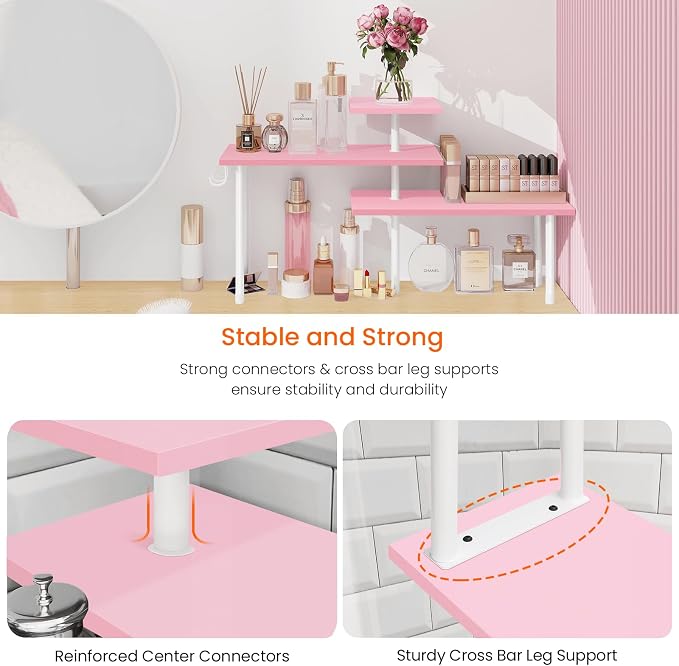 3-Tier Counter Organizer Shelf for Bathroom, Corner Shelf for Countertop, Over Sink, Make Up, Dresser Table, Desktop - Pink - Image 5