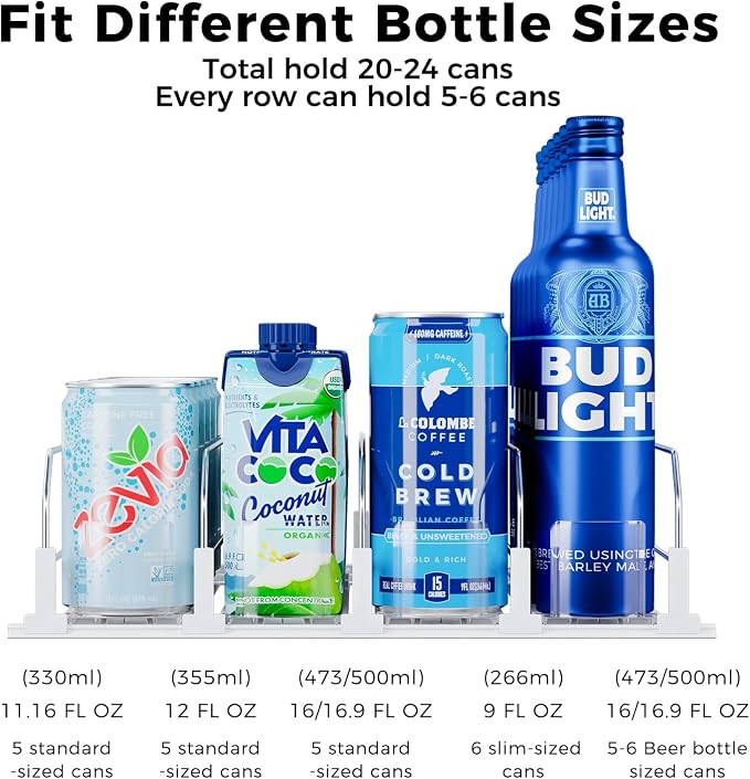Puricon Drink Organizer for Fridge, Soda Can Organizer -4 Rows, White | Self-Pushing Spring-Loaded Drink Dispenser for Refrigerator, Holds Soda, Beer & Water Bottles Neatly in Rows - Image 3