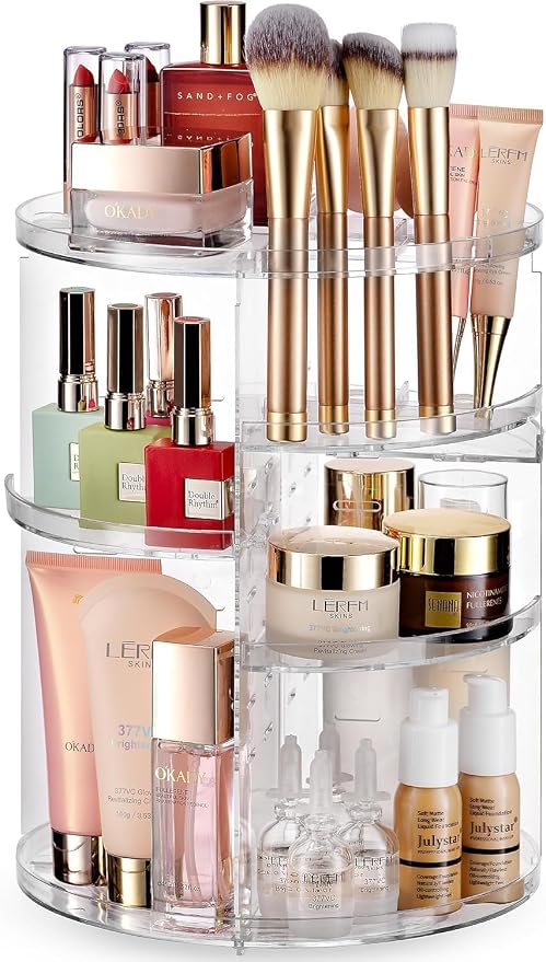 Masirs 360 Rotating Makeup Organizer Countertop, Adjustable Shelf, Clear | 360-Degree Rotating Makeup Organizer, Adjustable Shelf Height, Cosmetic Perfume Skincare Storage, Vanity Countertop, Clear by Masirs