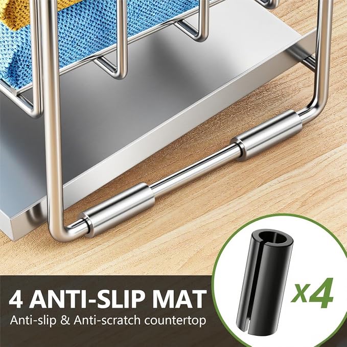 Cisily Silver 2-Tier Kitchen Sink Caddy Organzier Rack with Flexible Dish Brush Holder, Sponge Holder for Kitchen Sink Countertop Organization Storage,Home Decor Stainless Steel - Image 4