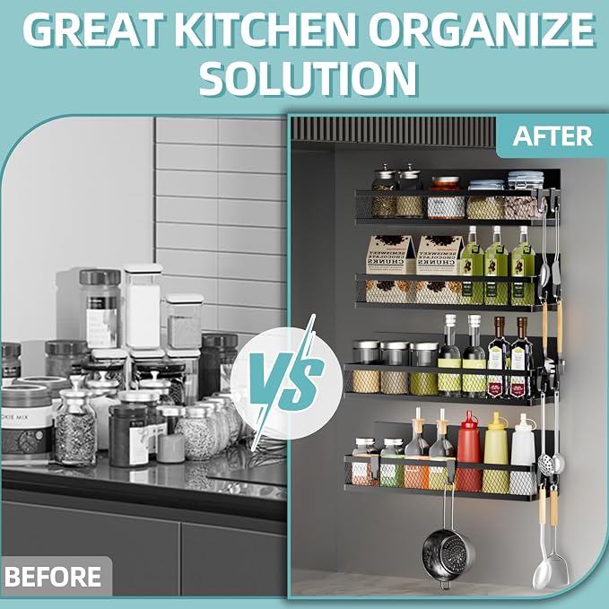 Magnetic Spice Rack for Refrigerator, 4 Pack Magnetic Shelf with 10-Hook Rack, Carbon Steel, Black, for Kitchen Organizers and Storage - Image 4