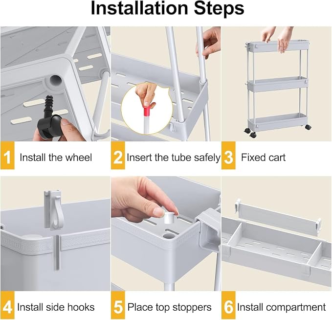 2-piece Set Slim Storage Cart 3 Tier,Bathroom Organizer Rolling Utility,Mobile Shelving Unit Slide Out for Office, Kitchen, Laundry Room & Narrow Places - Image 5