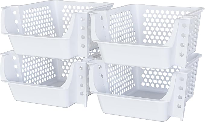 Skywin Stackable Storage Bins Open Front for Pantry Storage, 4 Pack - White | Sturdy Plastic, Easy Stacking, Breathable & Open Front Design, Pantry Storage for Snacks, Toiletries, and Small Essentials - Image 8