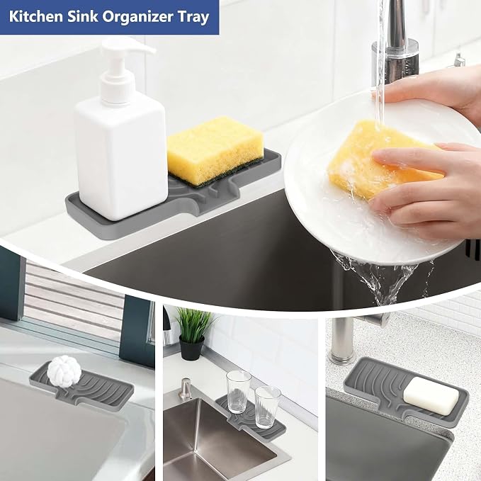 JACZZO Silicone Sponge Holder for Kitchen Sink, (10x4 In) Sink Caddy with Drain Spout, Self Draining Soap Tray & Organizer, Kitchen Accessories,Bathroom Organizer, Easy to Clean (Grey) - Image 6