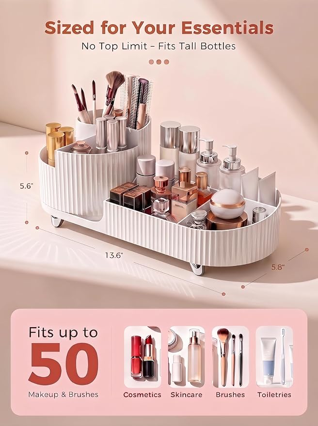 Booklov Rotating Makeup Organizer for Vanity Countertop, White | Plastic Cosmetic Display Case, Large Beauty Brush Holder for Bathroom Counter, Skin Care Perfumes Storage - Image 2