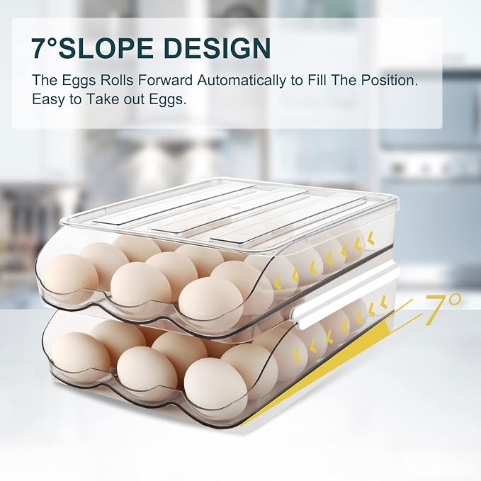 MesRosa Egg Holder for Fridge, Automatically Rolling Egg Storage Container for Refrigerator,Large Capacity Egg Organizer for Fridge with Lid,Clear Plastic Dispenser, Tray & Bin -2 Layer (Pack of 2) - Image 3